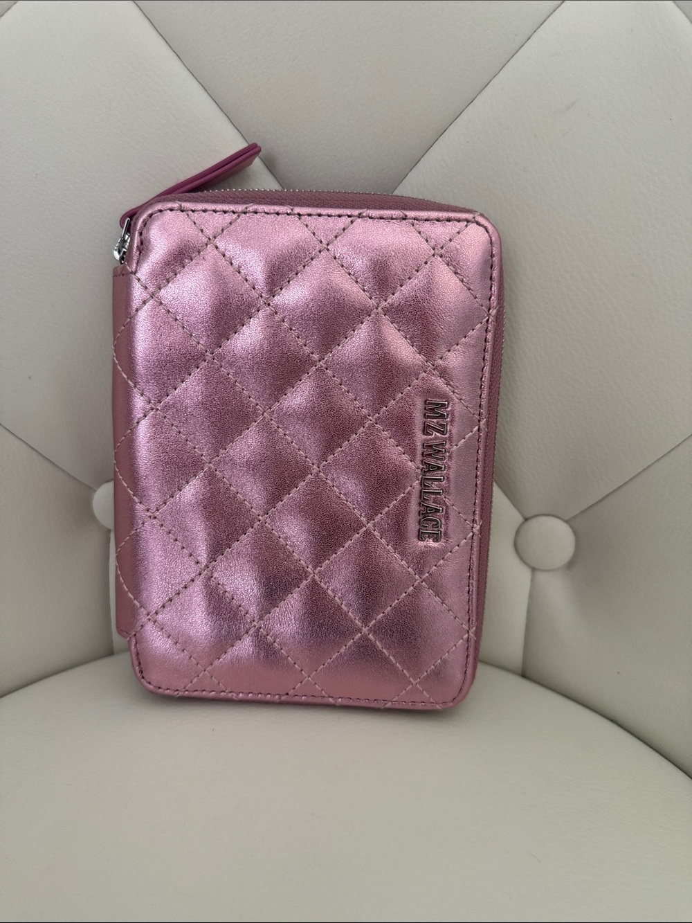 MZ Wallace Passport Wallet Organizer Metallic Rose Quilted Zip Italian Leather